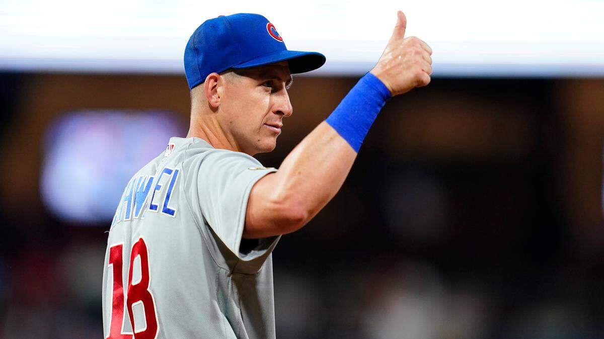 Chicago Cubs’ Frank Schwindel gestures to the crowd during the first inning of a baseball game against the Philadelphia Phillies, Wednesday, Sept. 15, 2021, in Philadelphia. (AP Photo/Matt Slocum)