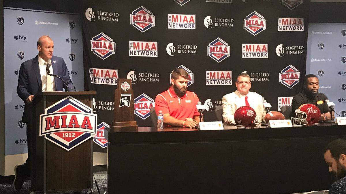 Pittsburg State football head coach Tim Beck, alongside defensive back Demetrius Bernard and offensive linesman Ryan Dodd, discussed his teams defense, among other things, on Tuesday’s MIAA football media day.