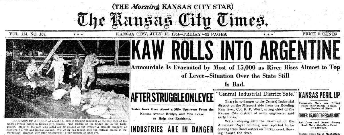 The Kansas City Times prints a story on the 1951 flood and its effect on Argentine.