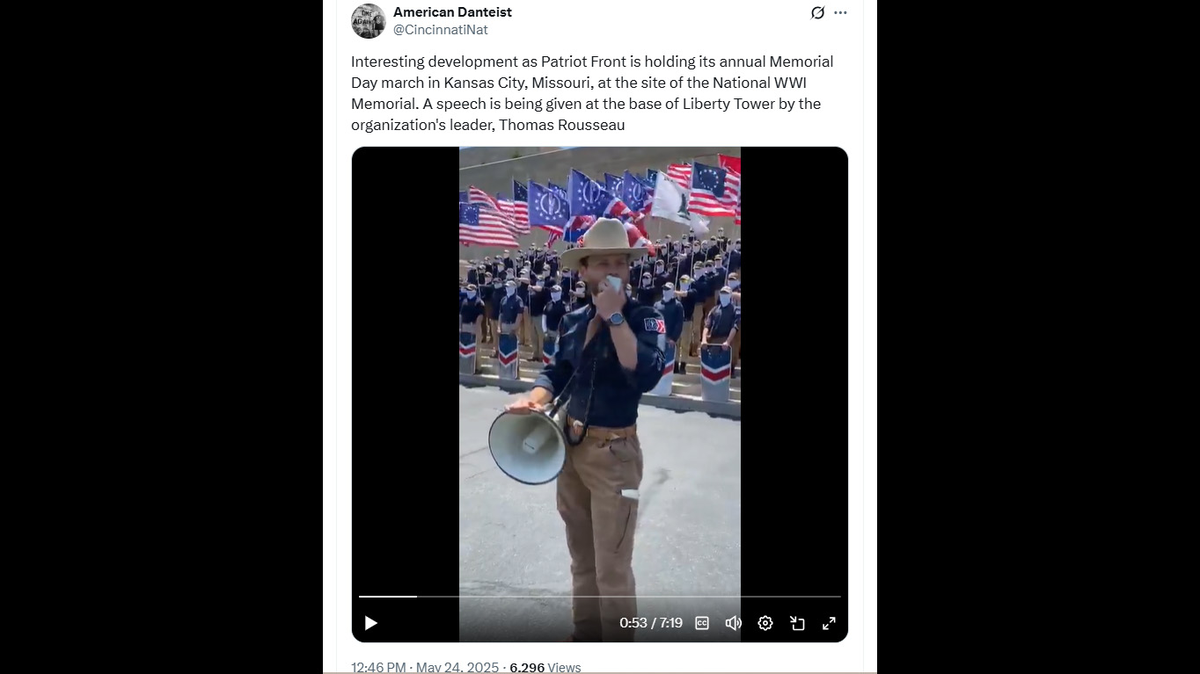 Members of the white nationalist Patriot Front organization gather outside the National WWI Memorial and Museum