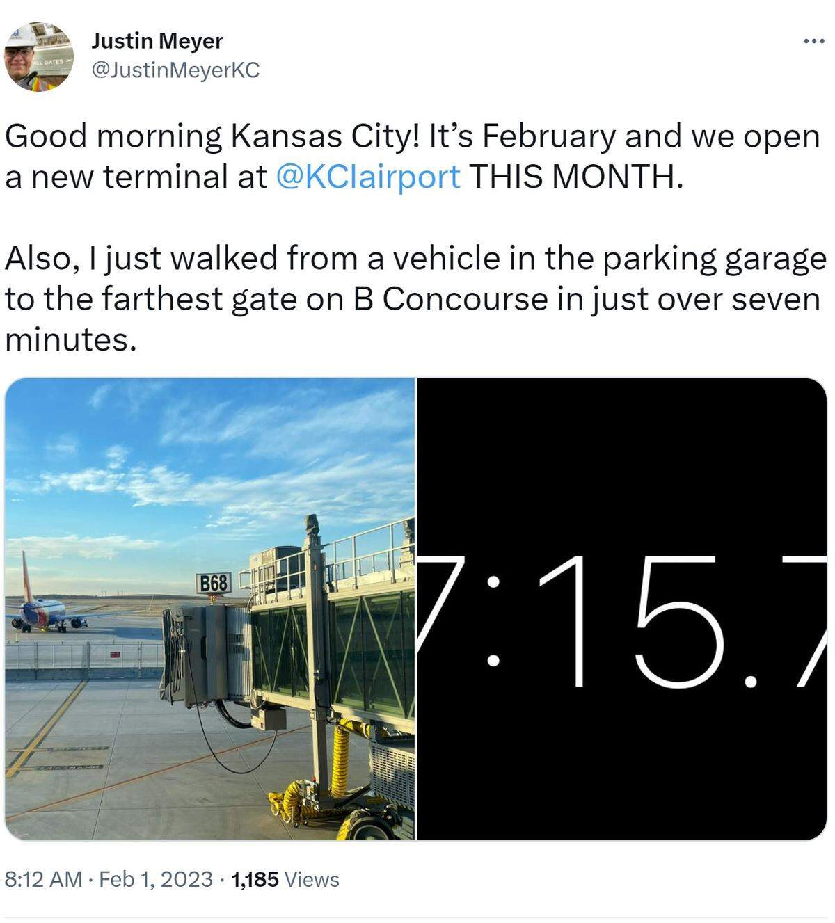 To see just how long it takes to walk through the new terminal at Kansas City International Airport, Justin Meyer, deputy director of aviation for the Kansas City Aviation Department, timed himself. It took him just over seven minutes to go from his car to the furthest gate, he said on Twitter.