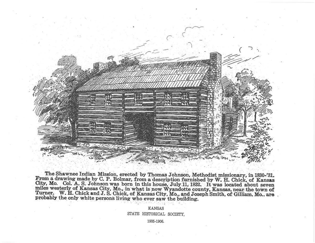 A drawing of the original Shawnee Methodist Mission in what is now Wyandotte County.