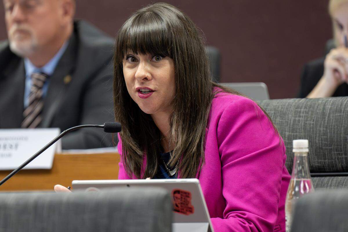 House Minority Leader Ashley Aune, a Kansas City Democrat, speaks during a hearing on redrawing congressional district maps on Thursday, Sept. 4, 2025, in Jefferson City.