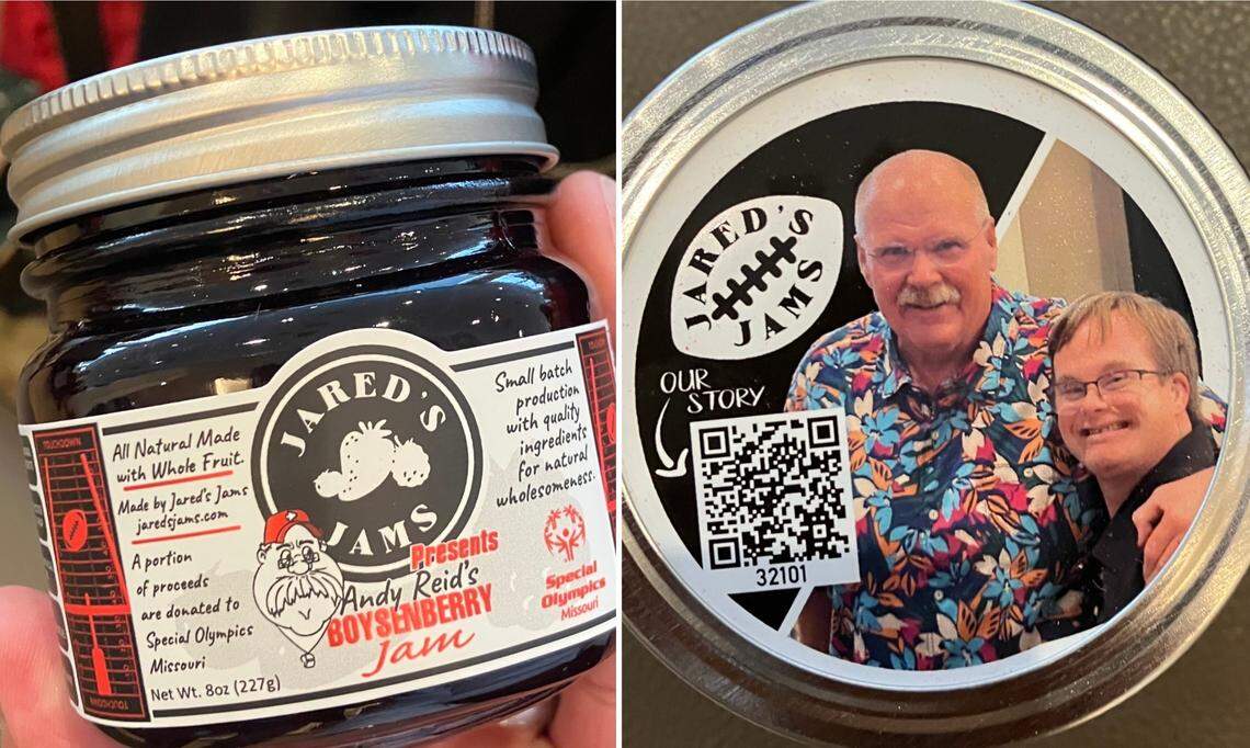 Kansas City Chiefs coach Andy Reid received this keepsake jar of namesake boysenberry jam during Wednesday’s event.