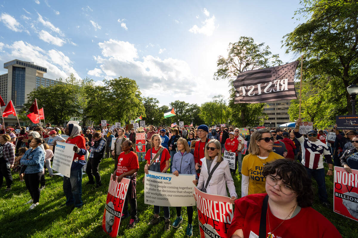 Kansas Citians gathered in Washington Square Park for an International Workers’ Day protest on Friday, May 1, 2026. The protest is part of a national strike, calling for people to boycott work, school and spending on May 1.
