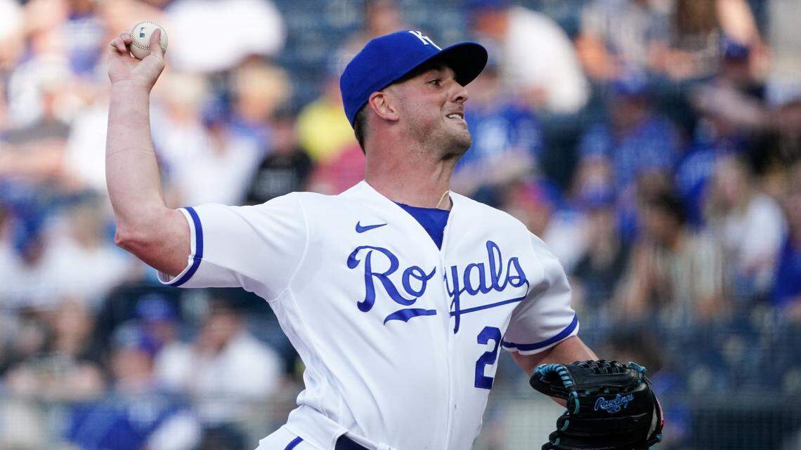 Kansas City Royals starting pitcher Mike Mayers (21) delivers a pitch against the Detroit Tigers during the first inning at Kauffman Stadium on May 23, 2023.