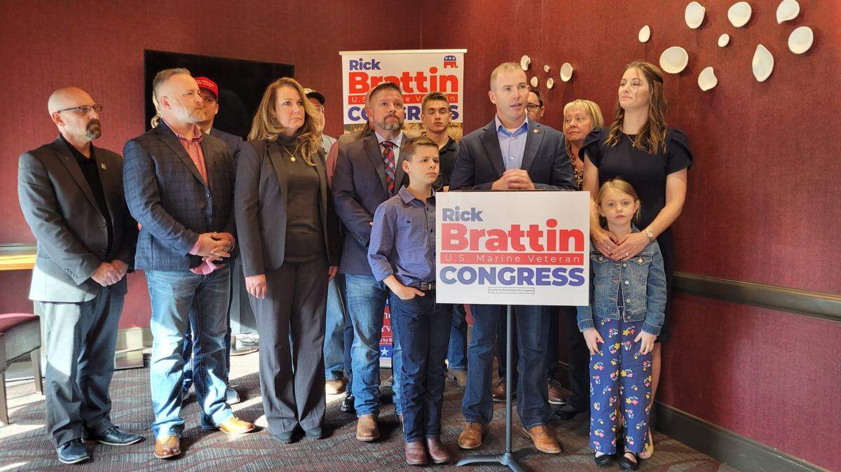 Missouri state Sen. Rick Brattin, a Harrisonville Republican, and his family and friends announce his campaign for Congress on Nov. 15, 2021 in Columbia