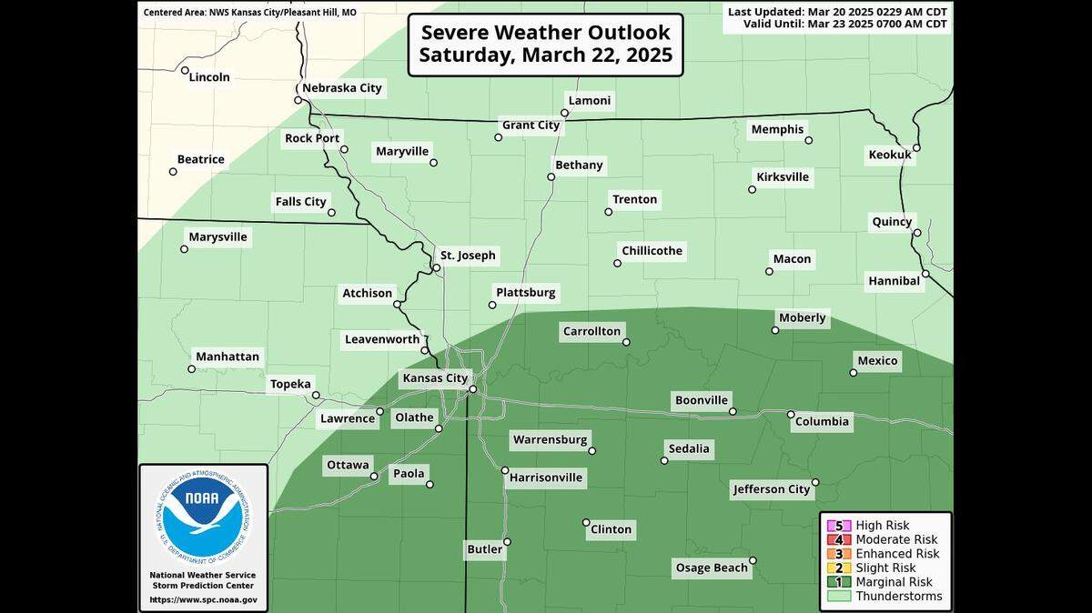 Kansas City is at a marginal risk of severe weather Saturday night, according to the National Weather Service’s Storm Prediction Center. A few strong storms will be possible south of U.S. 36, which runs across northern Missouri. The main threat will be large hail.