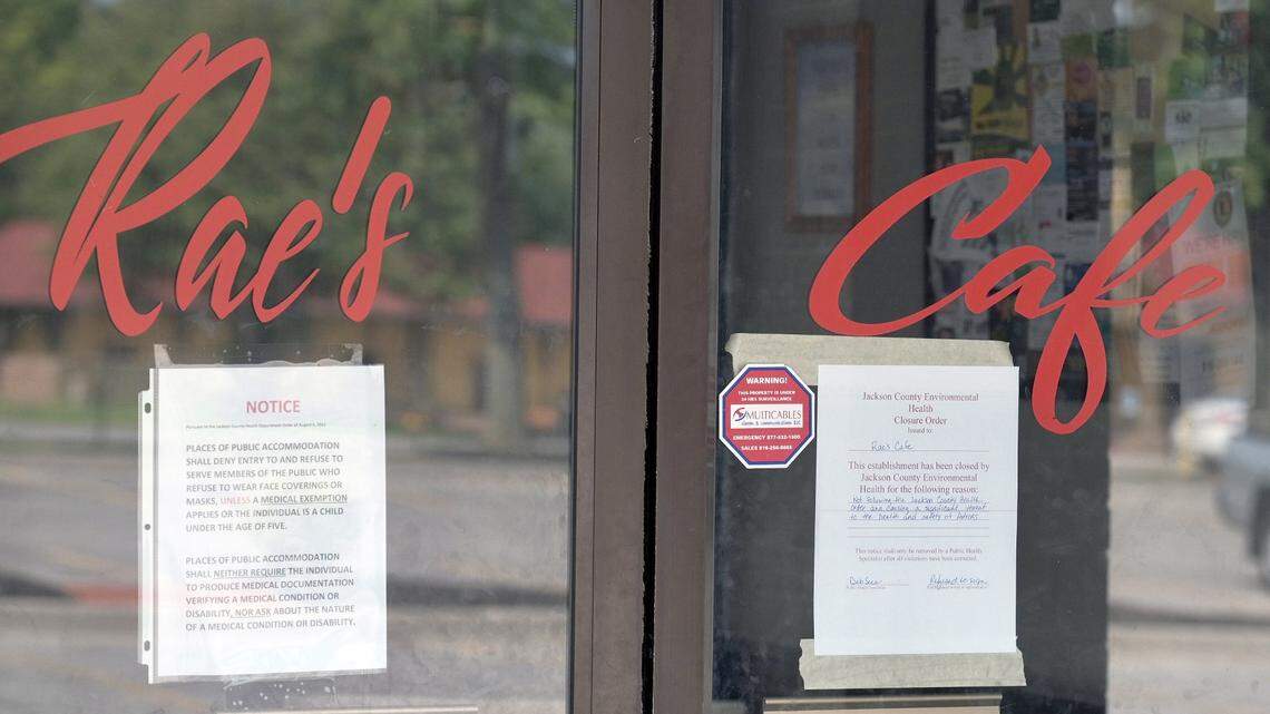 Notices on the doors to Rae’s Cafe in Blue Springs announce that the restaurant has been closed for “not following the Jackson County Health order and causing a significant threat to the health and safety of patrons.” The cafe’s food establishment permit was revoked for repeated violations of the order requiring masks.