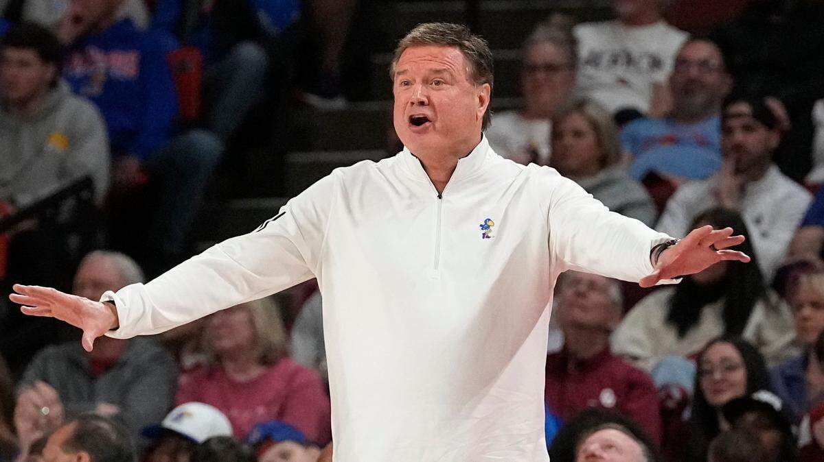 Kansas coach Bill Self gestures in the second half of a game against Oklahoma, Saturday, Feb. 11, 2023, in Norman, Okla.