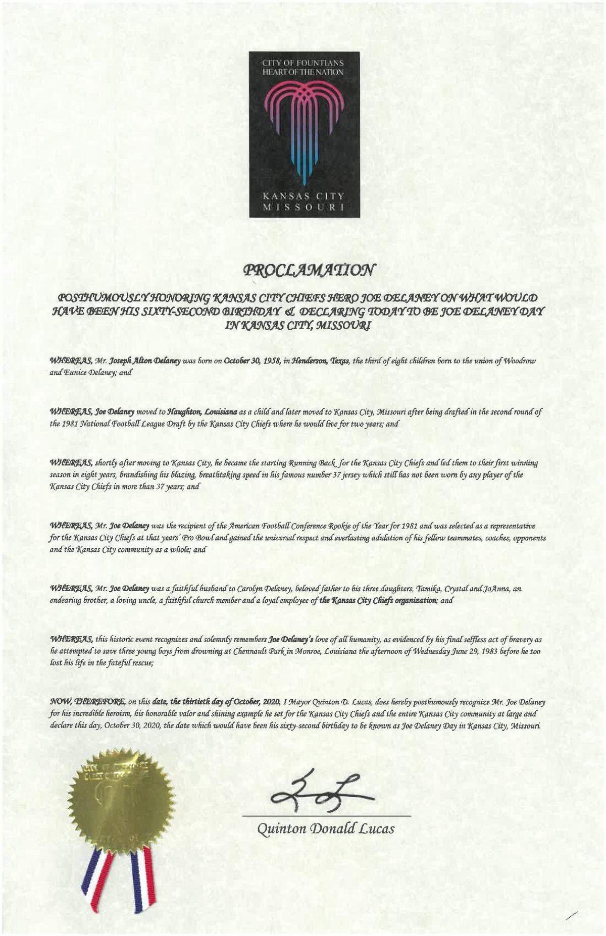 The Joe Delaney Proclamation in Kansas City ...