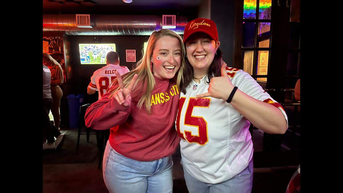 Jane Gray and Sophie Genovese watched the Super Bowl at Woody’s, an LGBTQ bar in Kansas City.