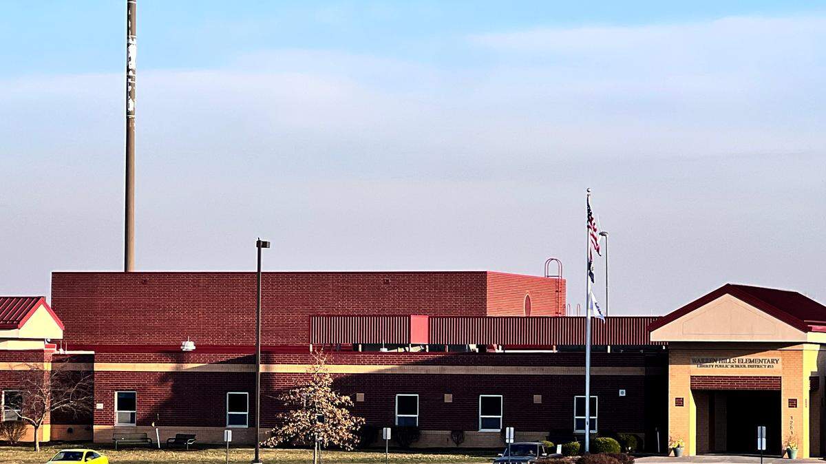 Warren Hills Elementary School in Liberty. A cellular antenna stands very close to the school building.