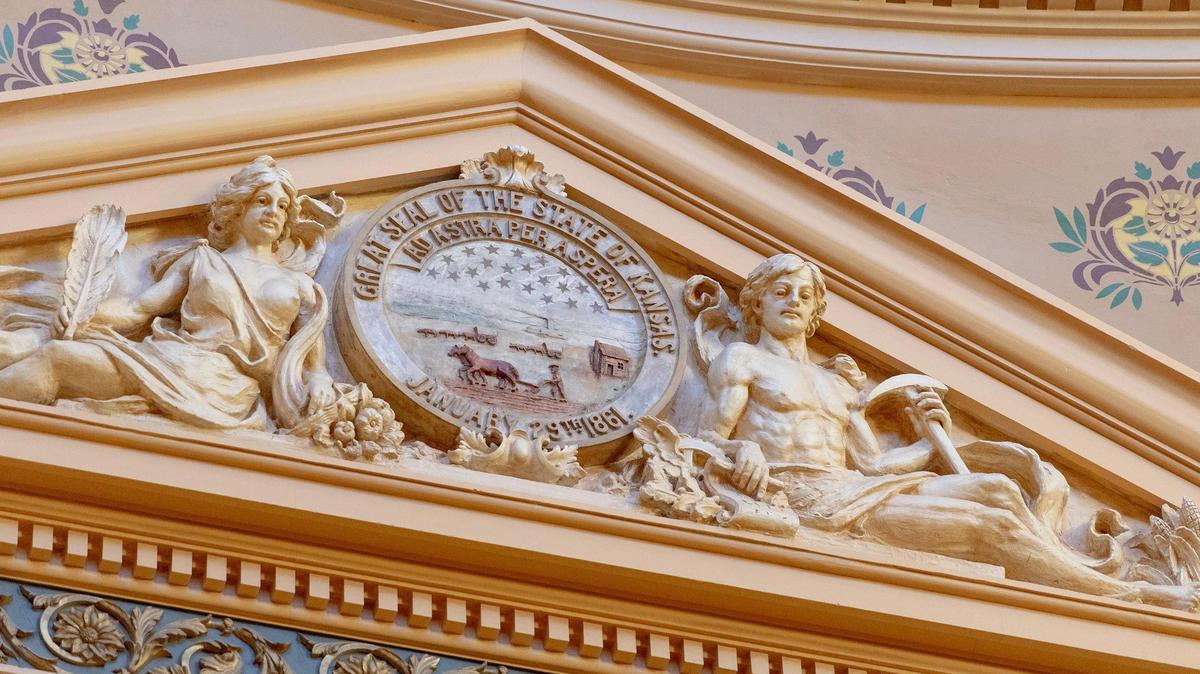 The Kansas state seal is seen inside the Capitol building on Monday, Jan. 9, 2023, in Topeka.