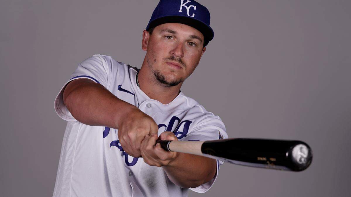 This is a 2022 photo of Vinnie Pasquantino of the Kansas City Royals baseball team taken Sunday, March 20, 2022, in Surprise, Ariz. (AP Photo/Charlie Riedel)