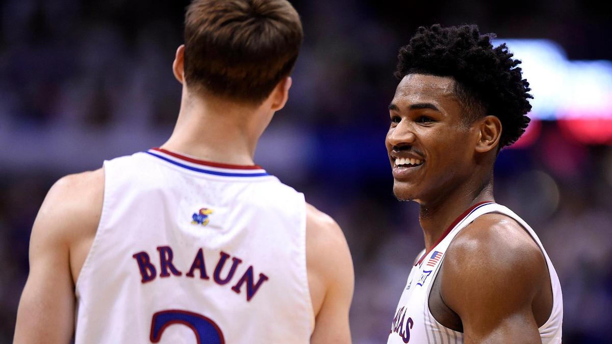 Kansas guard Ochai Agbaji (right) and teammate Christian Braun helped lead KU to an 83-59 win over Baylor on Saturday, Feb. 5, 2022, at Allen Fieldhouse.