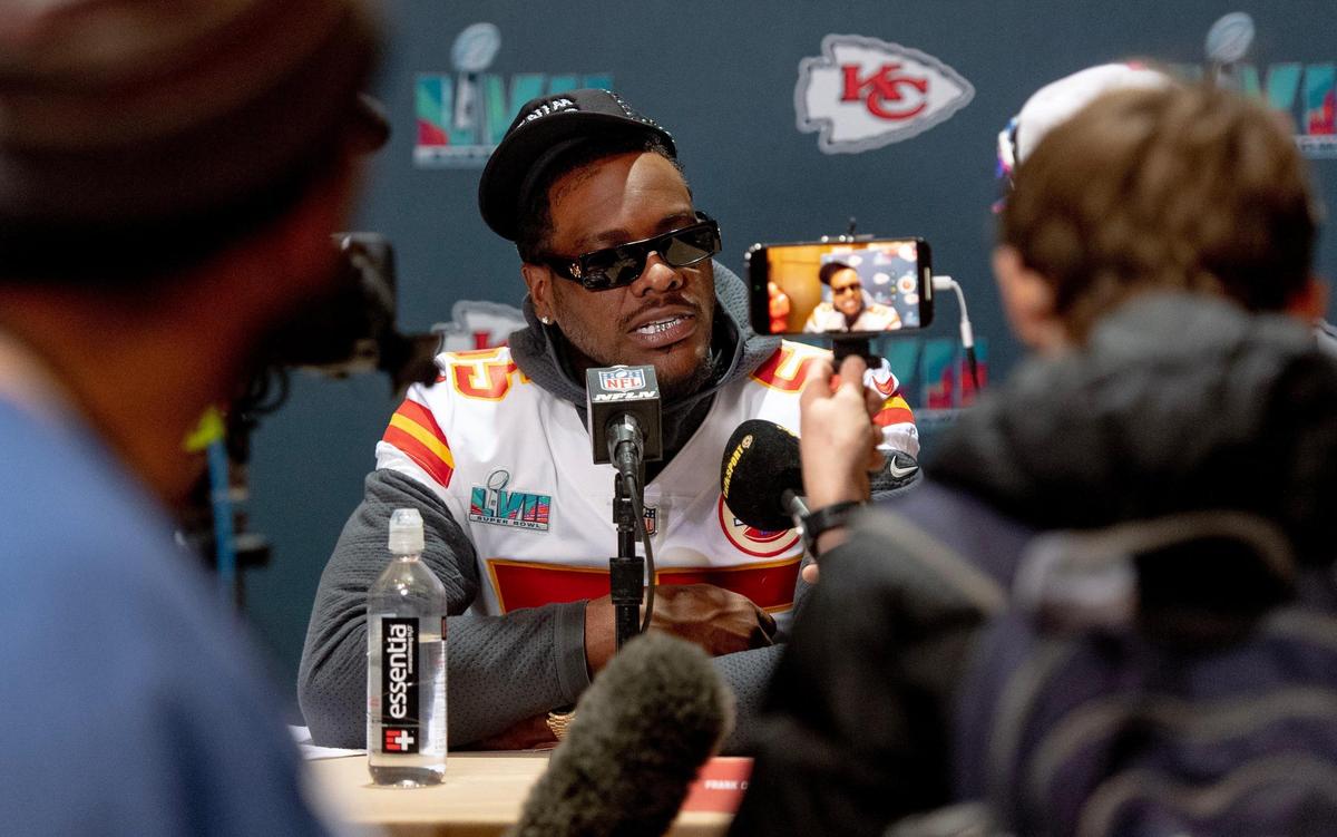 Kansas City Chiefs defensive end Frank Clark speaks during the team’s media availability on Thursday, Feb. 9, 2023, in Scottsdale, Ariz.