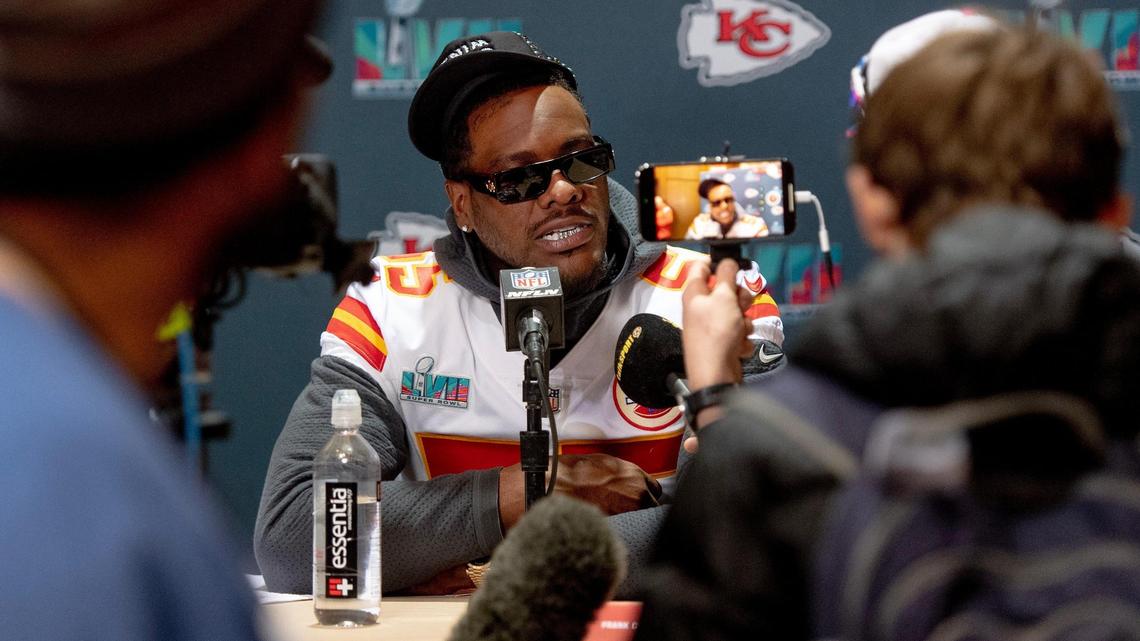 Kansas City Chiefs defensive end Frank Clark speaks during the team’s media availability on Thursday, Feb. 9, 2023, in Scottsdale, Ariz.