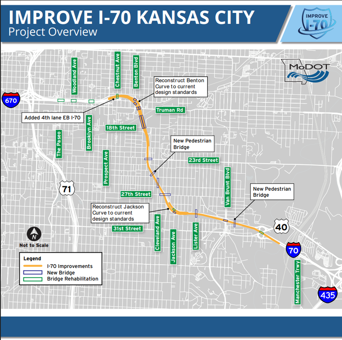 MoDOT plan for improvements to I-70 in Kansas City. The construction will take place from 2025 to 2028.