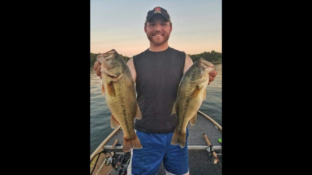 The author, Tyler Mahoney, caught a couple of nice bass at Prairie Lee Lake in Lee’s Summit on a bait called a “Ned Rig.”