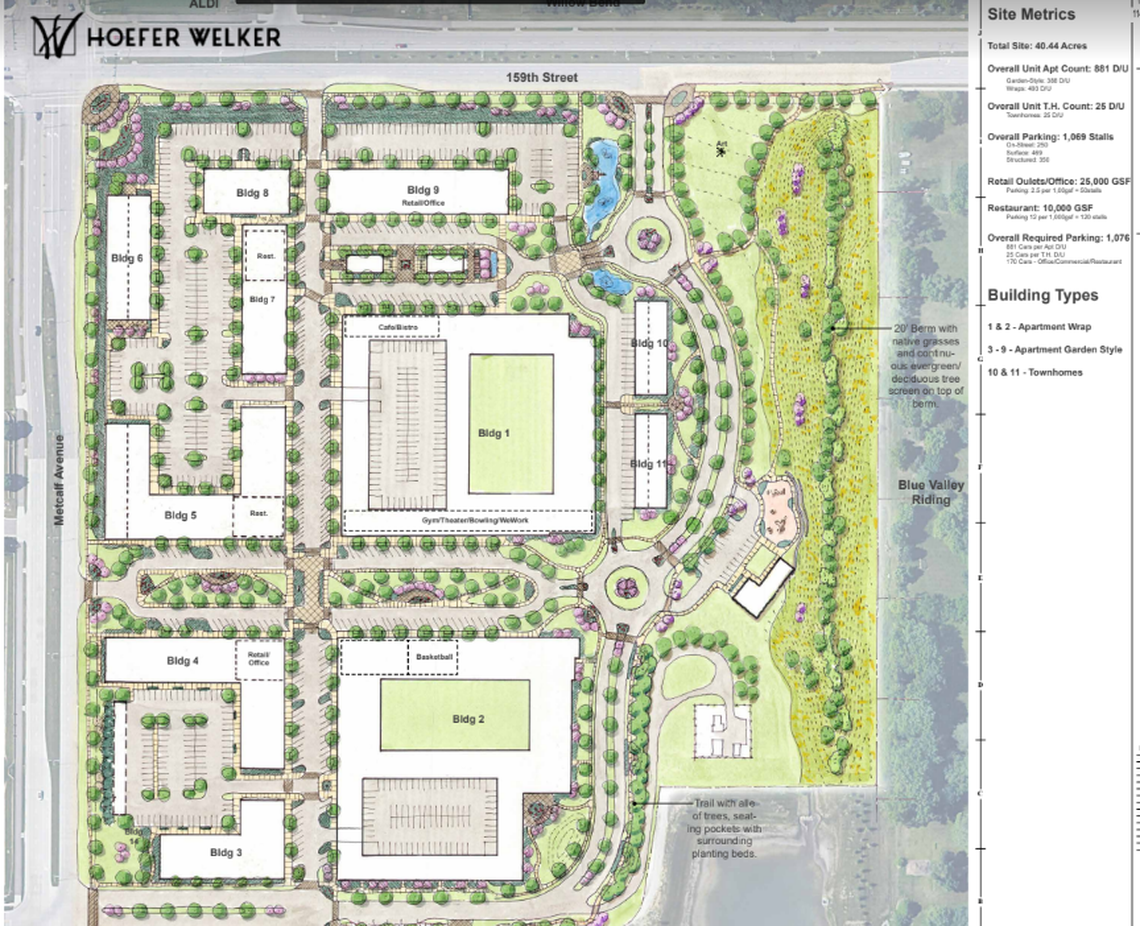 Plans for the Metcalf Village project, at 159th Street and Metcalf Avenue in Overland Park, include apartments, retail, parks and pickleball courts.