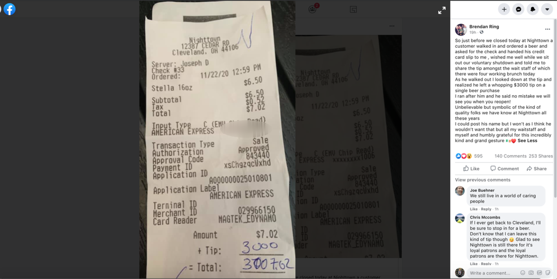 A patron at Nighttown jazz club in Cleveland left the waitstaff a $3,000 tip, the owner says.