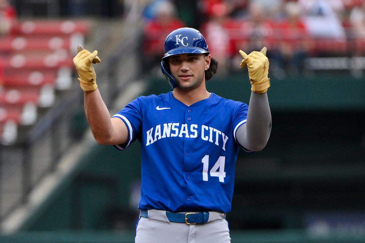 Kansas City Royals right fielder Jac Caglianone settles in a second base after hitting a double for his first hit in Major League Baseball on Thursday, June 5, 2025 against the Cardinals at Busch Stadium in St. Louis.