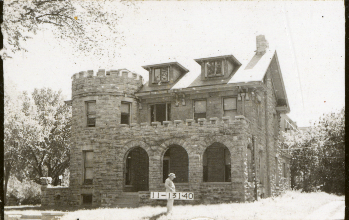 1940 tax photo of 3607 Pennsylvania, a castle-like stone building in Kansas City’s Valentine neighborhood. The structure was split up into apartments at this time.