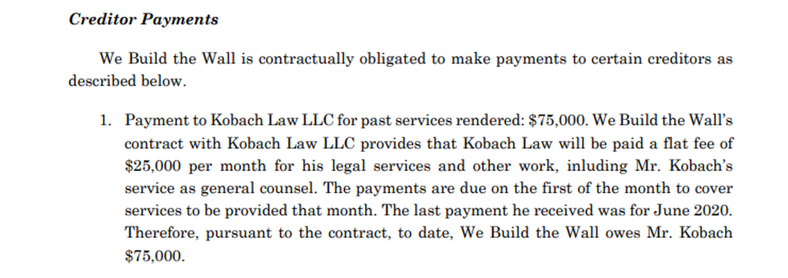 A September 2020 letter from Kris Kobach’s attorney to a federal prosecutor says We Build the Wall was contractually required to pay Kobach a $25,000 per month fee.