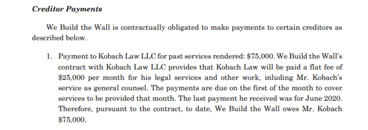A September 2020 letter from Kris Kobach’s attorney to a federal prosecutor says We Build the Wall was contractually required to pay Kobach a $25,000 per month fee.