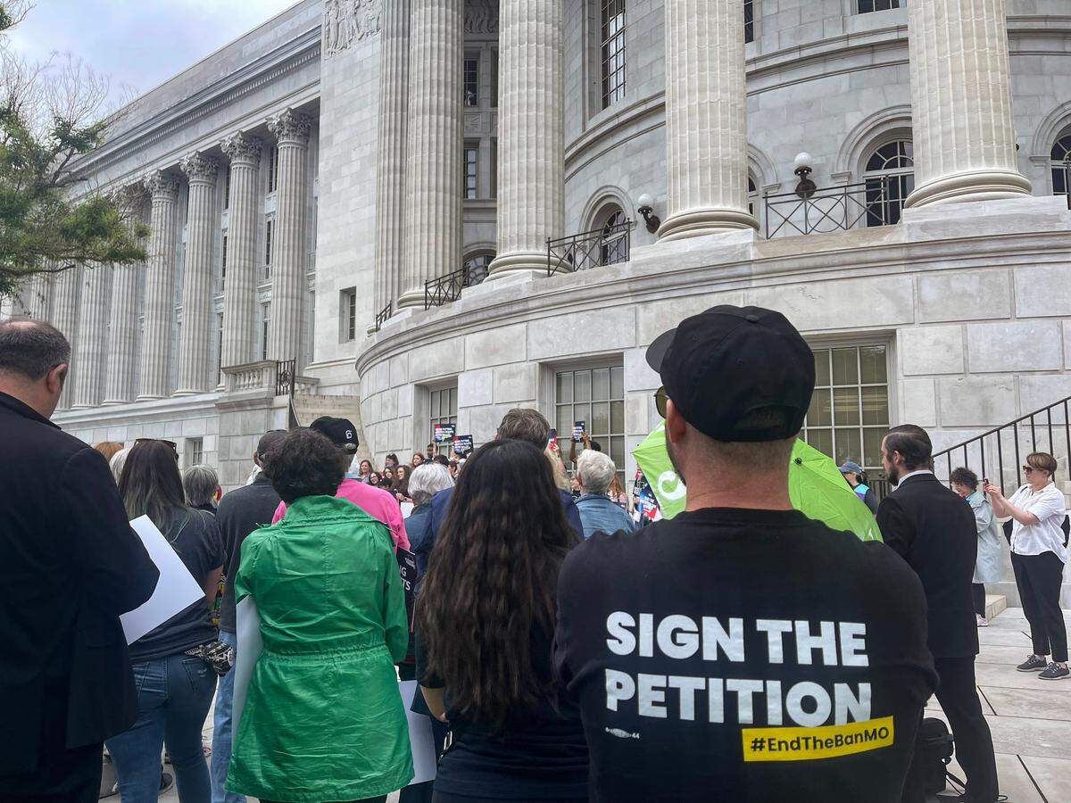 Missouri abortion rights advocates rally outside the state Capitol on May 3, 2024 after turning in signatures to overturn the state’s abortion ban.
