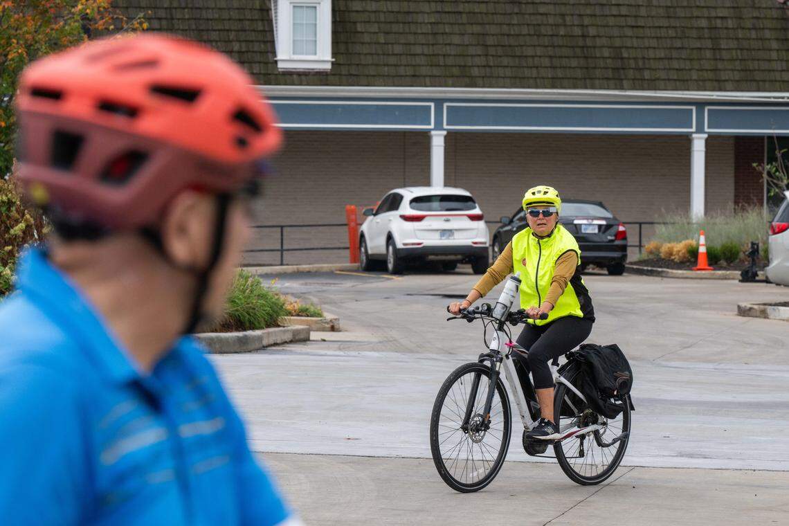 Debbie Lavin of Prairie Village rides her E-bike to meet with a group of riders known as Rif Raf, on Wednesday, Sep. 24, 2025, in Prairie Village.