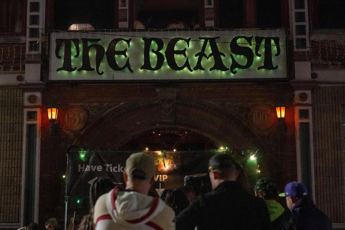 Guests line up outside The Beast haunted house in the West Bottoms district of Kansas City.