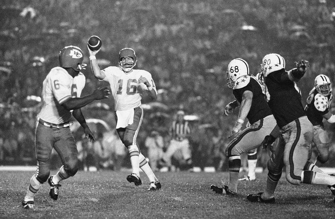 Kansas City Chiefs’ quarterback Len Dawson (16) flicks a short pass to running back Warren McVea (6) in the third quarter of the College All-Star Game at Soldier Field, Friday, July 31, 1970 Chicago, Ill. The College All-Star Game was a NFL preseason game that pitted the current champion against a team of college players who were seniors the previous year.