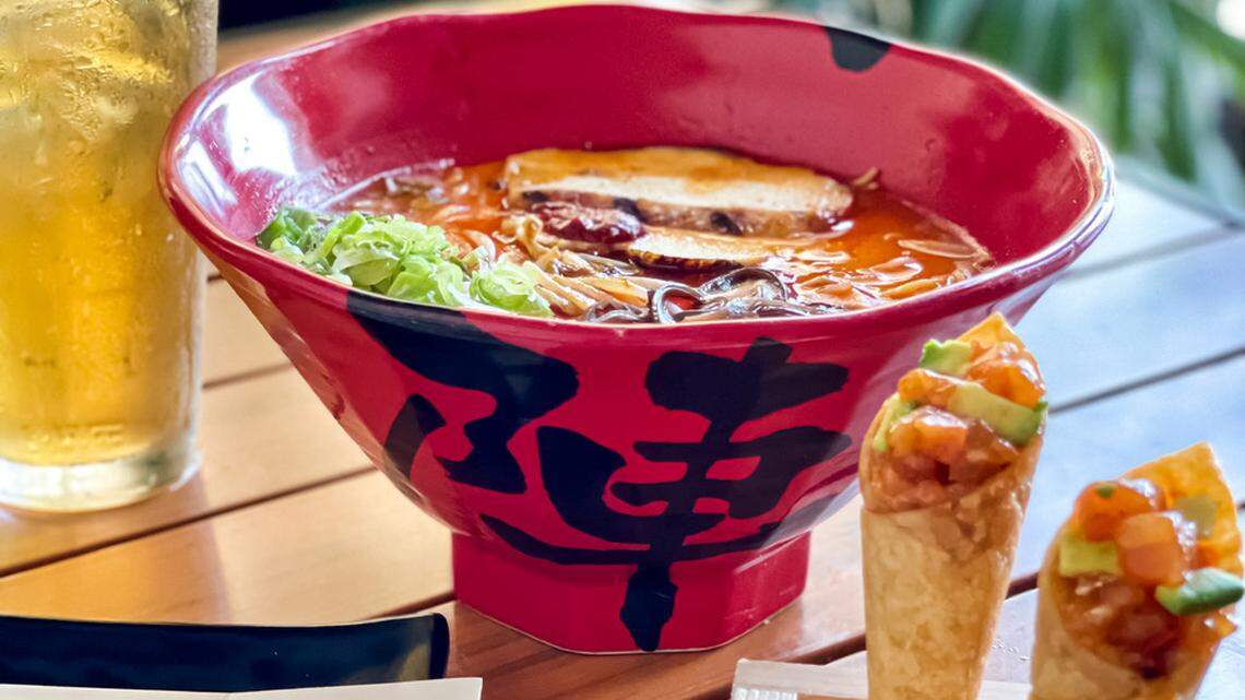 Jinya’s spicy chicken ramen, and spicy tuna and salmon cones.