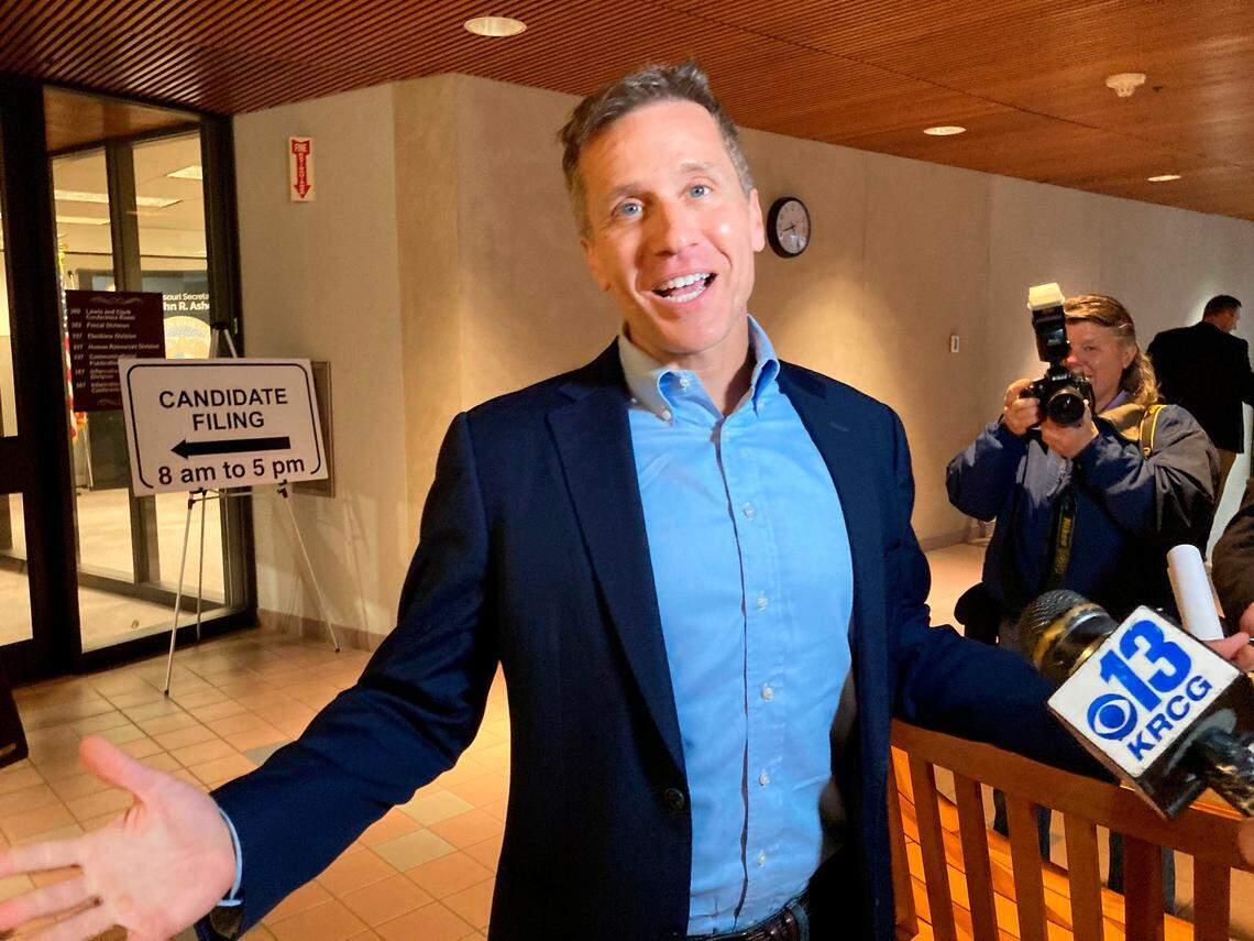 Former Missouri Gov. Eric Greitens speaks to reporters in Jefferson City on Feb. 22 after he filed to run in the Republican primary for U.S. Senate.