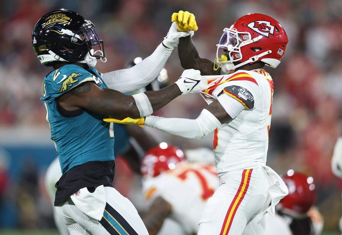 Jaguars cornerback Jourdan Lewis, left, and Kansas City Chiefs wide receiver Marquise “Hollywood” Brown did some jawing and shoving after a play during an NFL game at EverBank Stadium in Jacksonville, Florida on Monday, Oct. 6, 2025. Brown was penalized after the exchange.