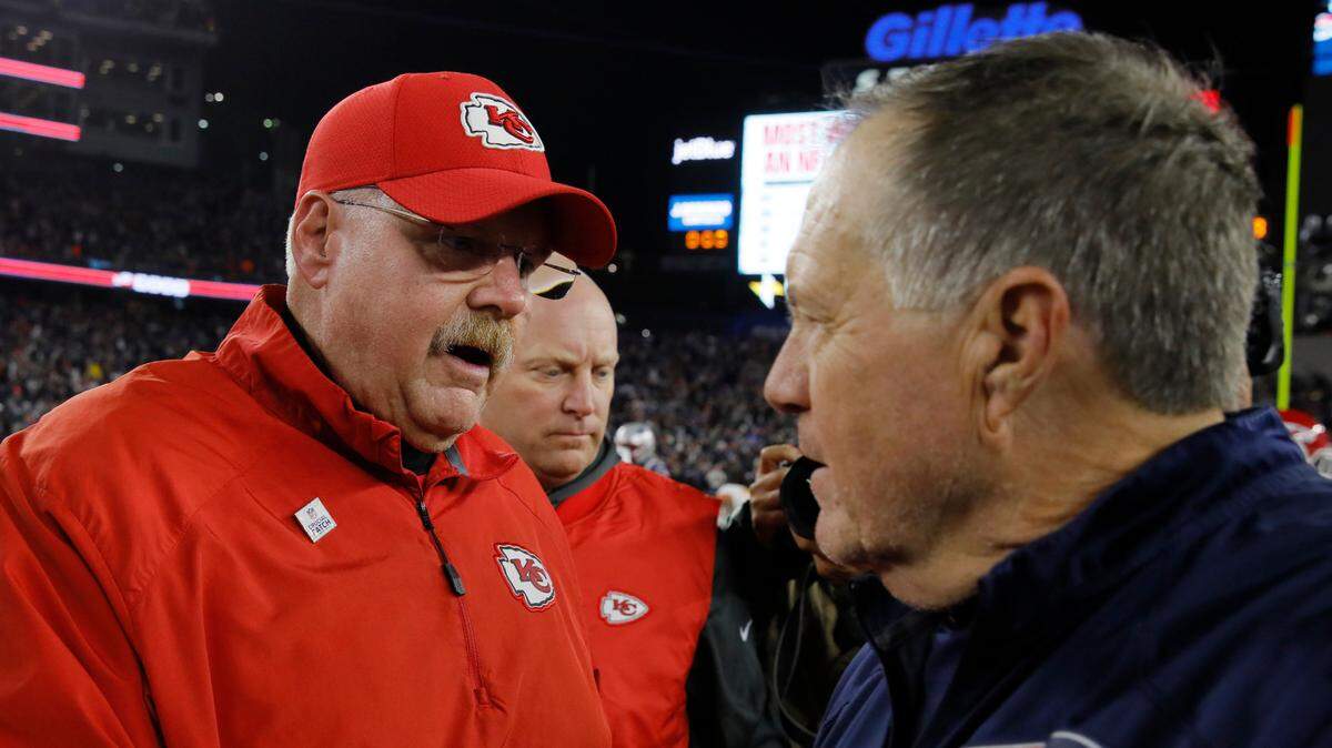 Kansas City Chiefs head coach Andy Reid meets New England Patriots head coach Bill Belichick met after a game at Gillette Stadium in 2018.