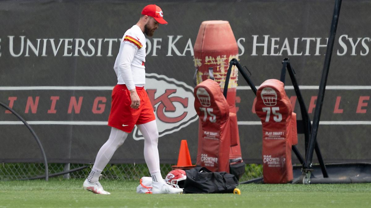 Chiefs kicker Harrison Butker (7) during practice at the team’s training facility on Wednesday, May 22, 2024, in Kansas City.