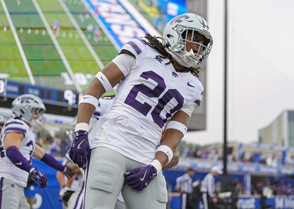 Ralph Ortiz #20 of the Kansas State Wildcats celebrates after recovering a fumble for a touchdown during the first half against the Kansas Jayhawks at David Booth Kansas Memorial Stadium on October 25, 2025 in Lawrence, Kansas.