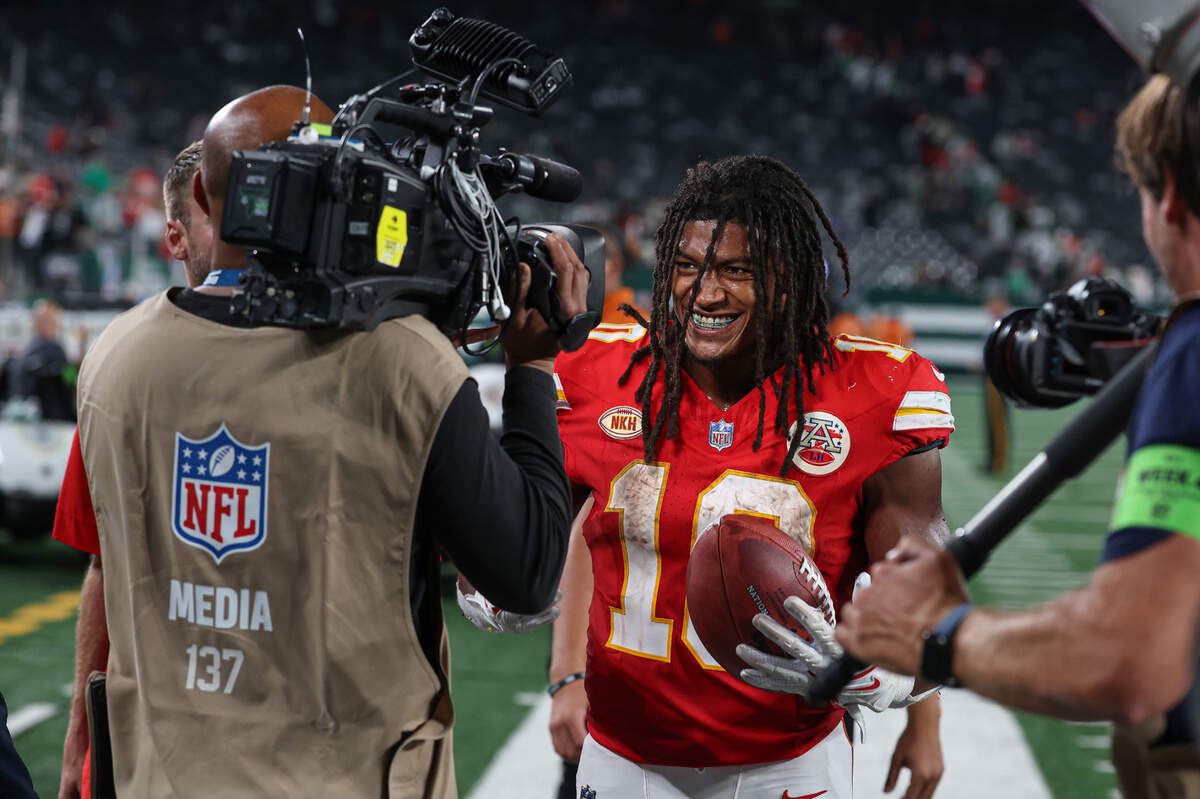 Chiefs running back Isiah Pacheco is interviewed after Sunday night’s game against the New York Jets at MetLife Stadium.