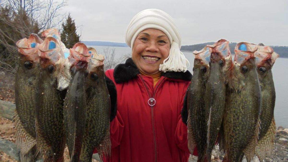 Rum Binkley from Mountain Home, Ark., had a good day fishing with her husband, Darrel Binkley, who runs Bink’s Guide Service. Using Darrel’s “Bink’s Spoons” in the white three-eighths-ounce model, Rum landed a limit of big crappie measuring 14 to 17 inches apiece.