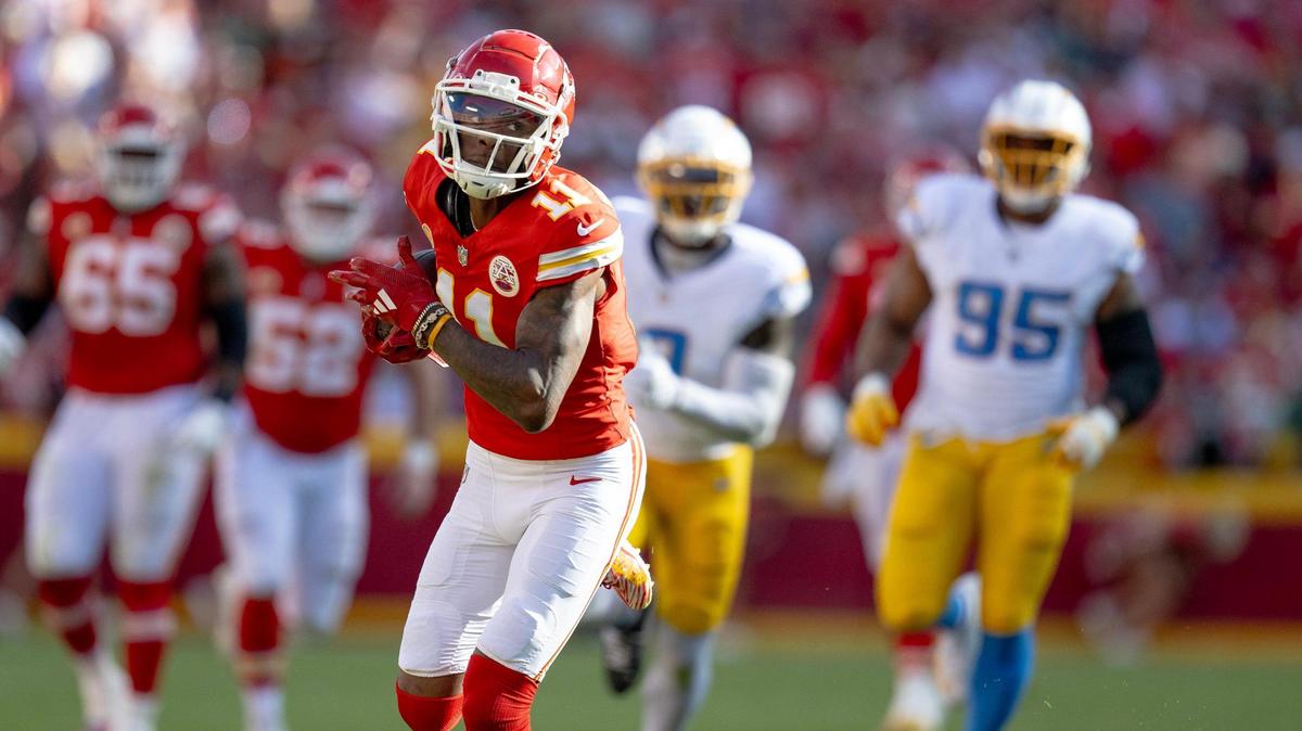 Kansas City Chiefs wide receiver Marquez Valdes-Scantling (11) runs for a touchdown during an NFL football game against the Los Angeles Chargers at GEHA Field at Arrowhead Stadium on Sunday, Oct. 22, 2023, in Kansas City.