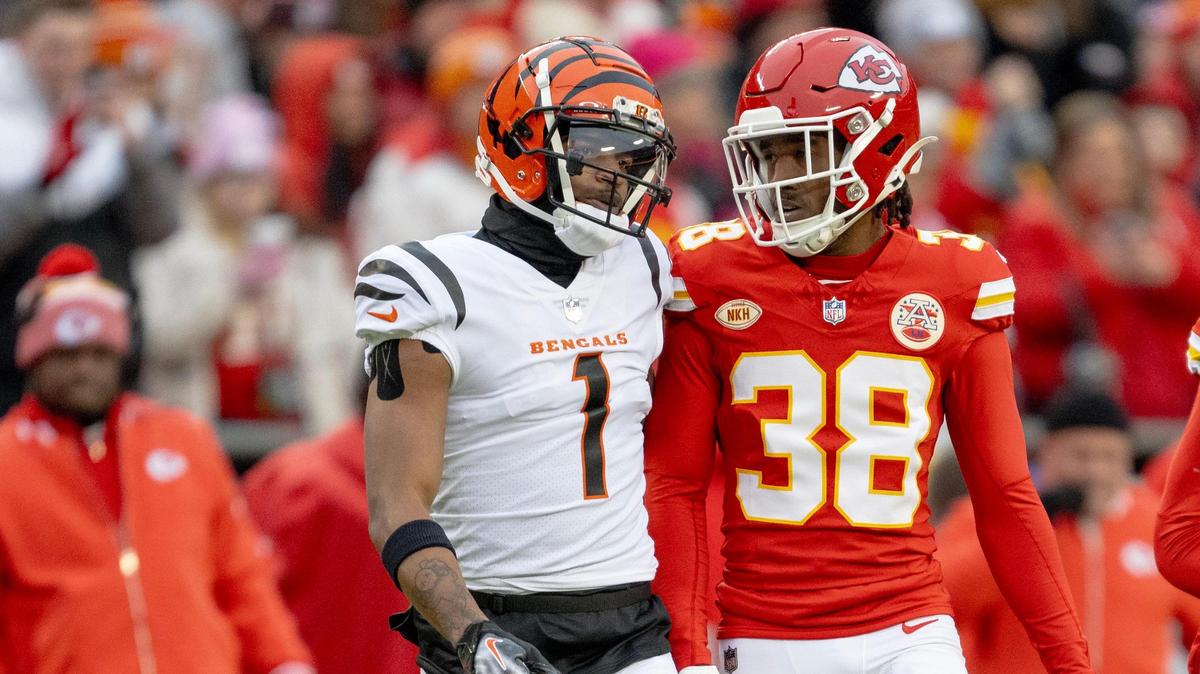 Kansas City Chiefs cornerback L’Jarius Sneed (38) jaws with Cincinnati Bengals wide receiver Ja’Marr Chase (1) during an NFL football game at GEHA Field at Arrowhead Stadium on Sunday, Dec. 31, 2023, in Kansas City.