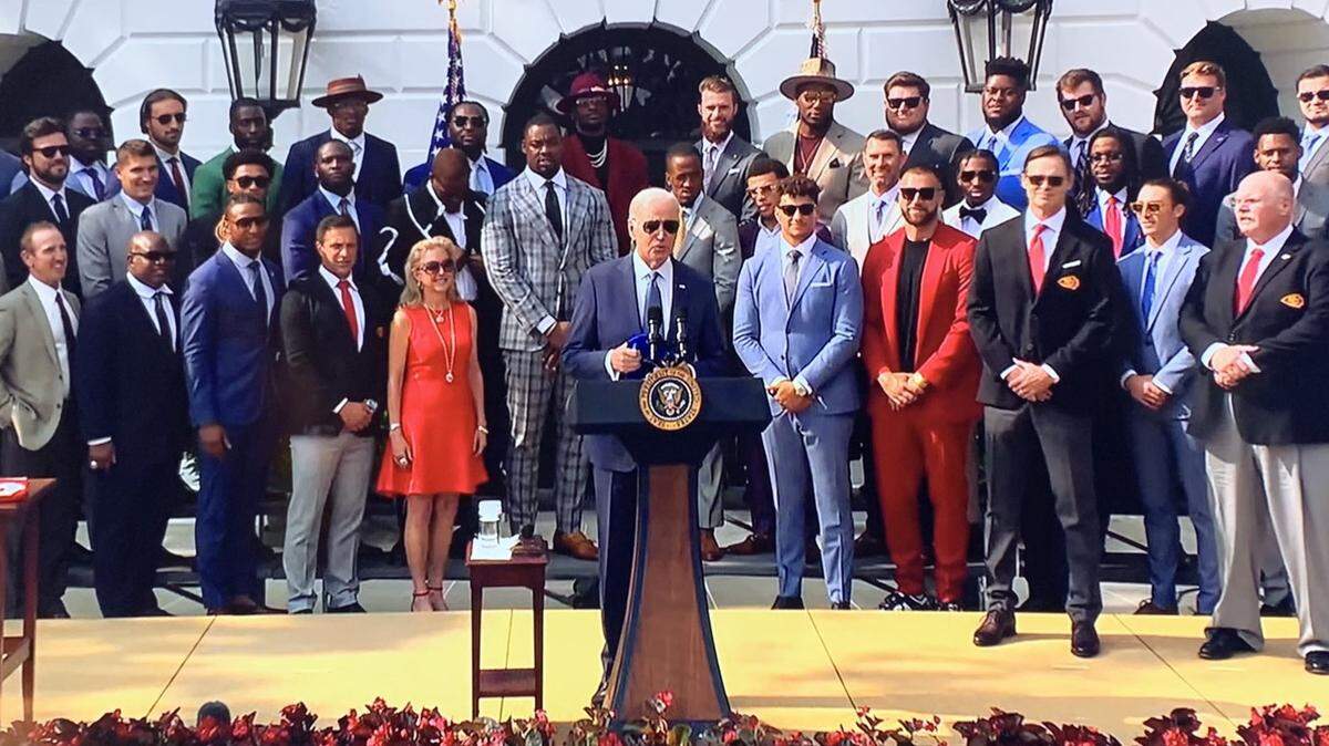 President Joe Biden, front and center, welcomes the Kansas City Chiefs to the White House on Monday, June 5, 2023, in honor of their victory over the Philadelphia Eagles in the Super Bowl.
