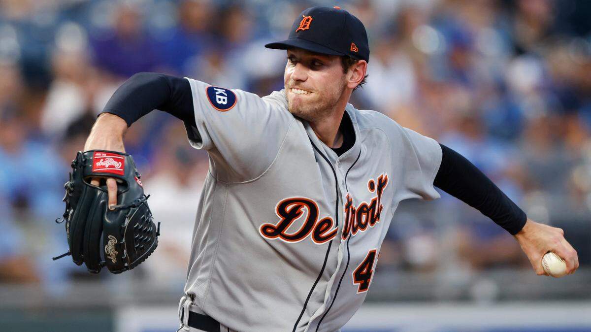 Detroit Tigers starting pitcher Joey Wentz throws to a Kansas City Royals batter during the first inning of a baseball game in Kansas City, Mo., Friday, Sept. 9, 2022. (AP Photo/Colin E. Braley)