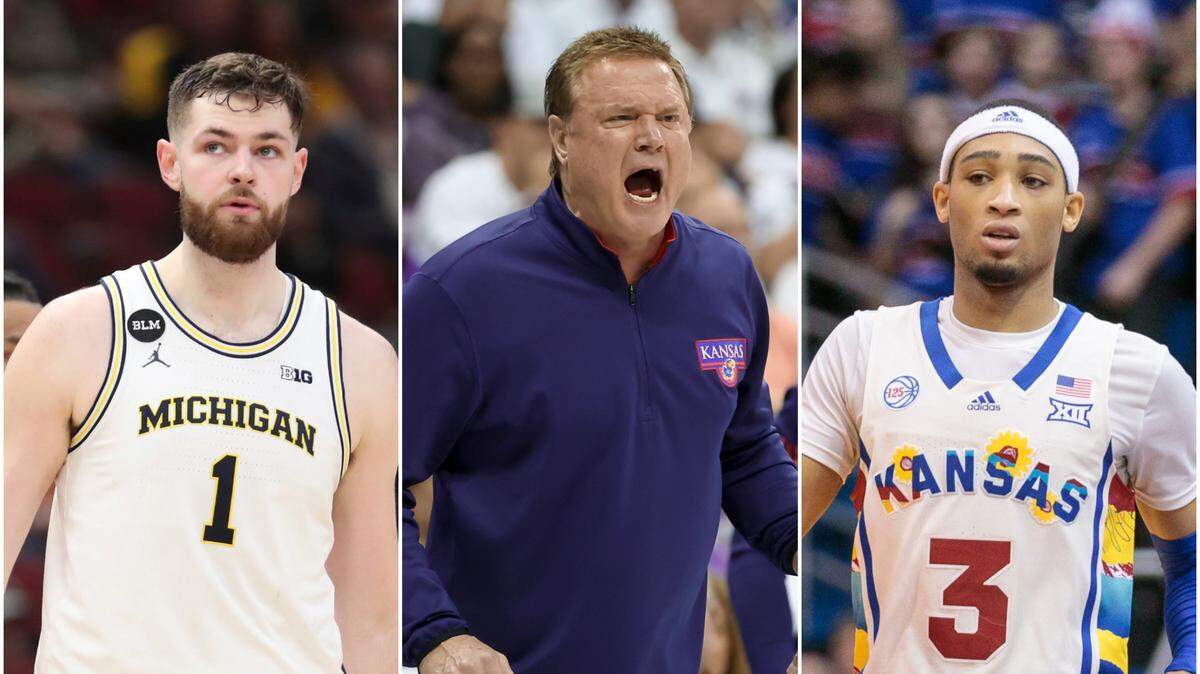 Hunter Dickinson (left), Bill Self (center) and Dajuan Harris (right) will be part of a KU basketball team with national title aspirations in 2023-24.