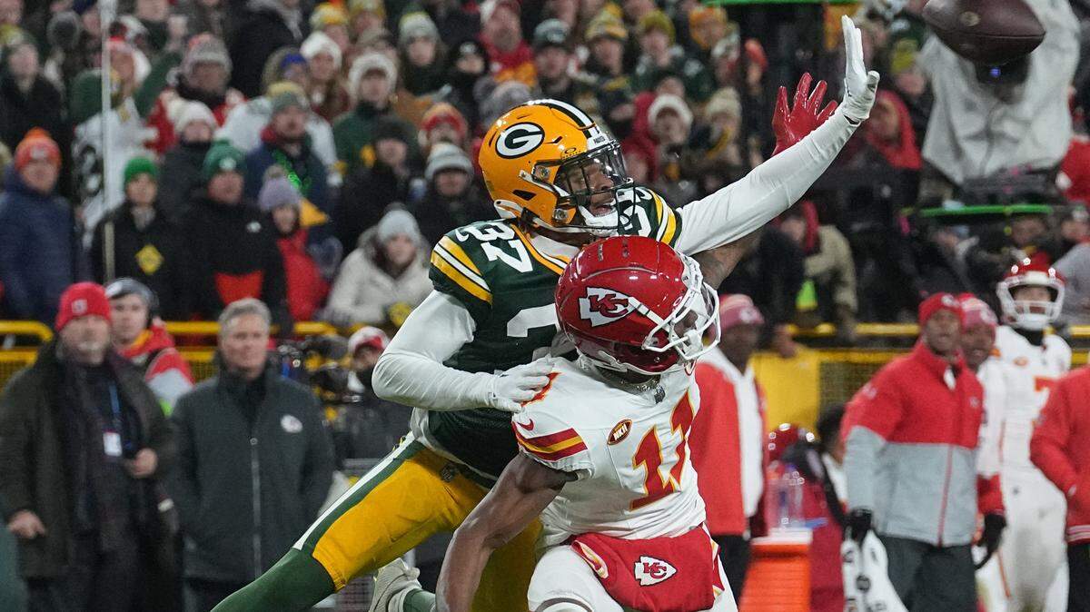 Green Bay Packers cornerback Carrington Valentine was draped over Chiefs receiver Marquez Valdes-Scantling on this play during Sunday night’s game at Lambeau Field.