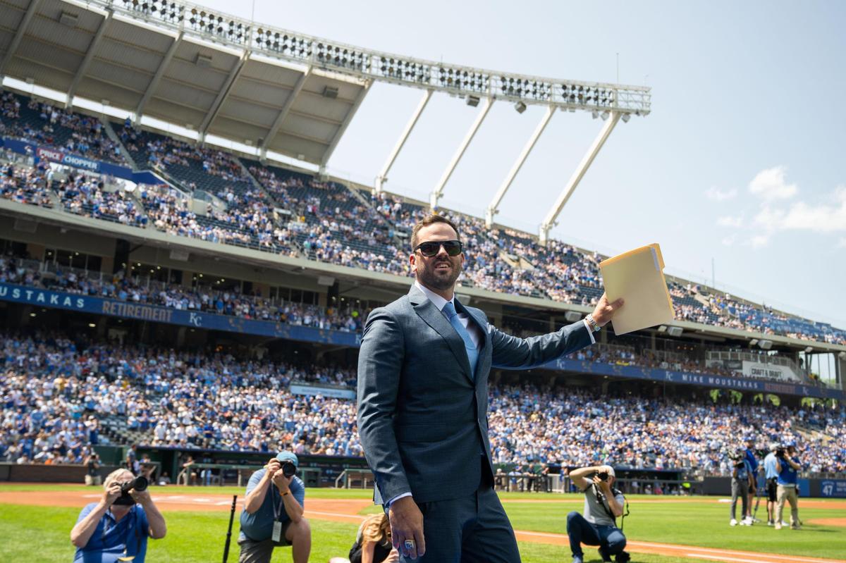 Mike “Moose” Moustakas walks out to give his retirement speech in front of fans on Saturday, May 31, 2025 at Kauffman Stadium. Moustakas officially retired as a Royal after a 12-year career in Major League Baseball.