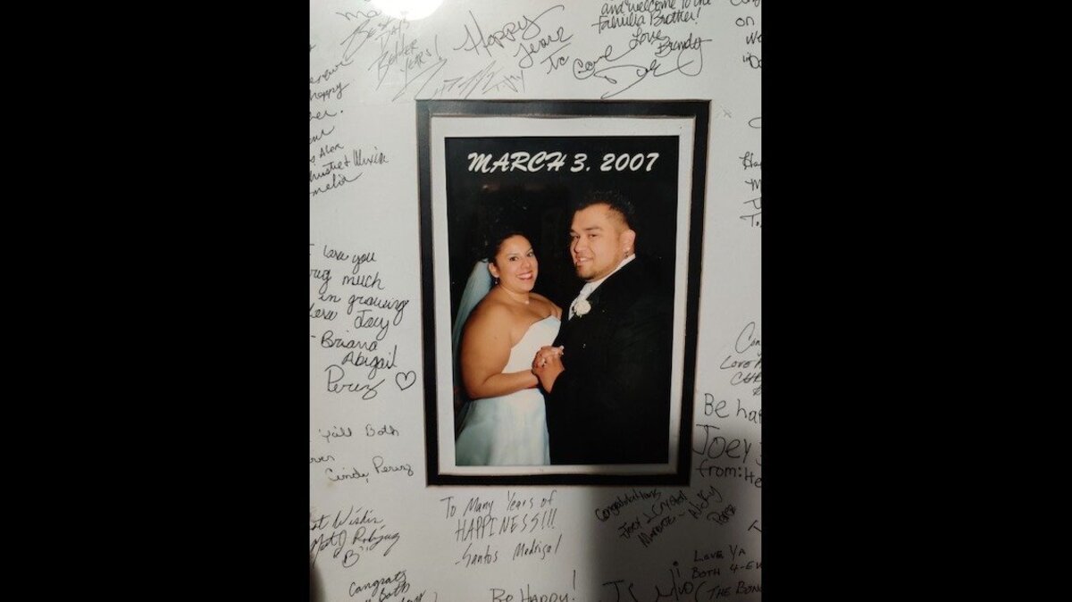 A wedding photo of Joey and Crystal Marquez.